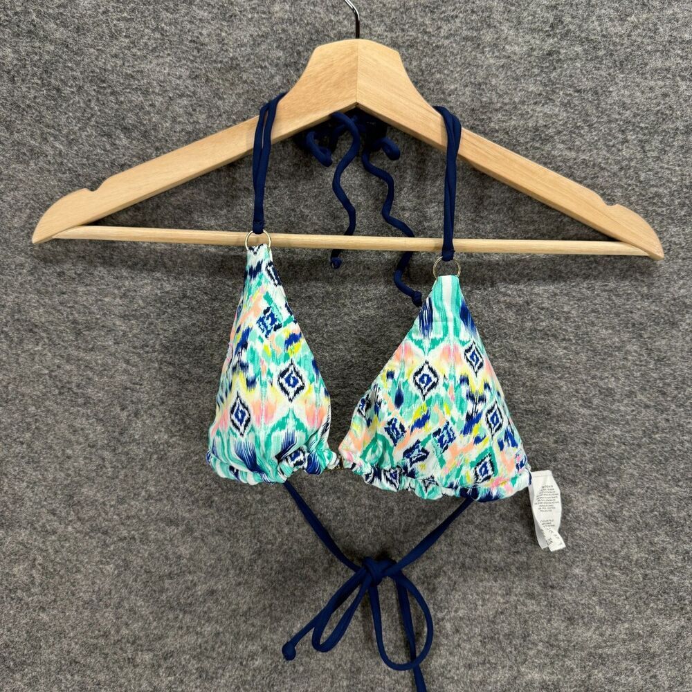 New Bar III Bikini Top Women XS Blue Geometric Halter Neck Tie Up Sleeveless